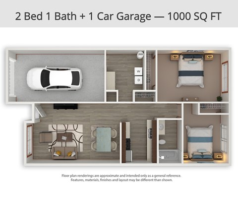 A floor plan of a 2 bedroom, 1 bathroom apartment with a car garage.